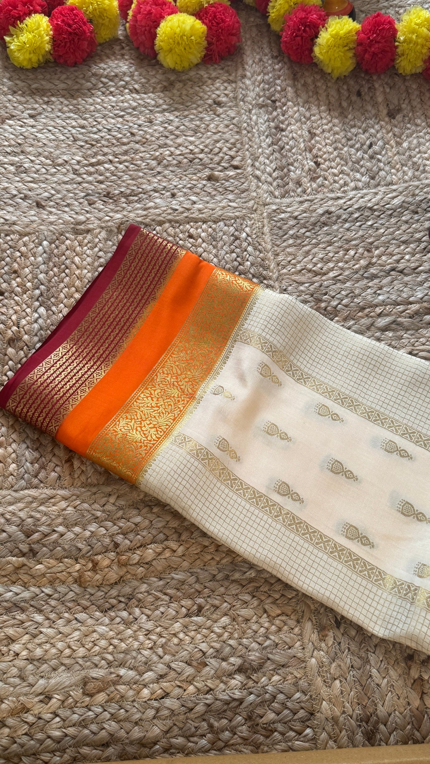 Pure Mysore Silk Saree - Jhumka Zari 3D Off White Orange and Maroon