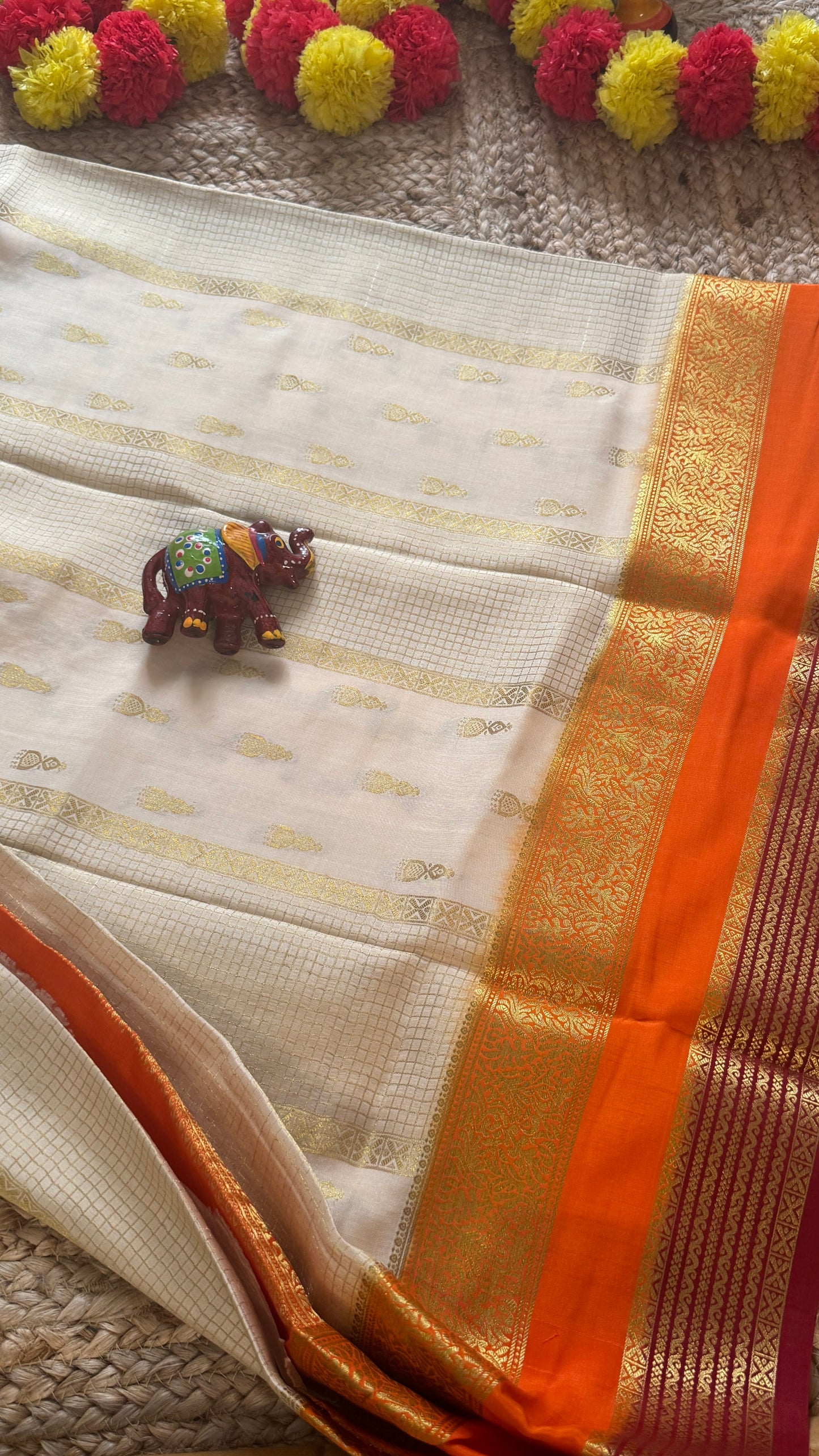 Pure Mysore Silk Saree - Jhumka Zari 3D Off White Orange and Maroon