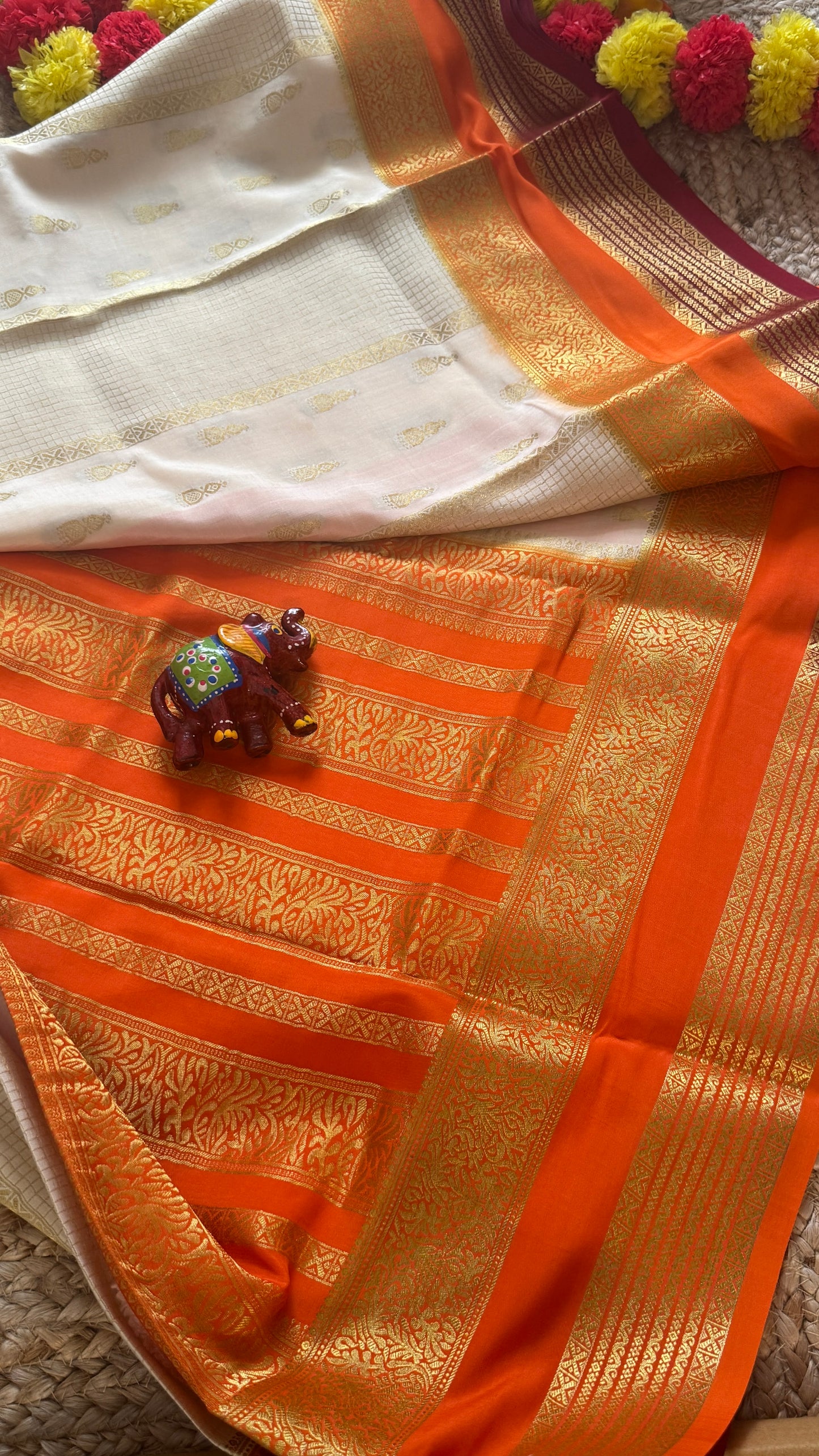 Pure Mysore Silk Saree - Jhumka Zari 3D Off White Orange and Maroon