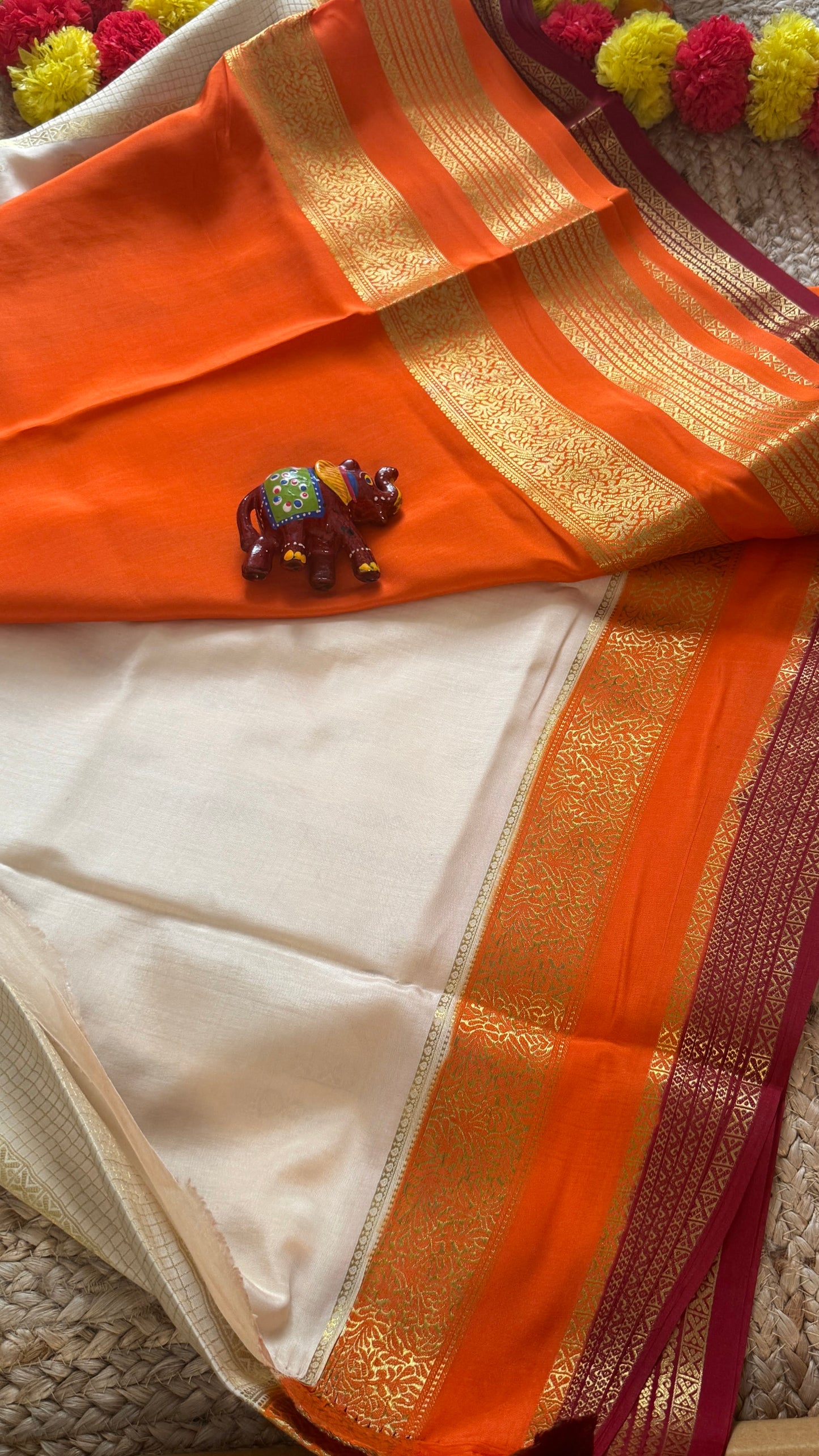 Pure Mysore Silk Saree - Jhumka Zari 3D Off White Orange and Maroon