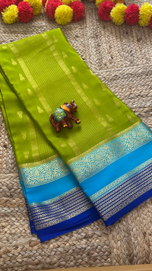 Pure Mysore Silk Saree - Jhumka Zari 3D Parrot Green Sky Blue and Navy Blue