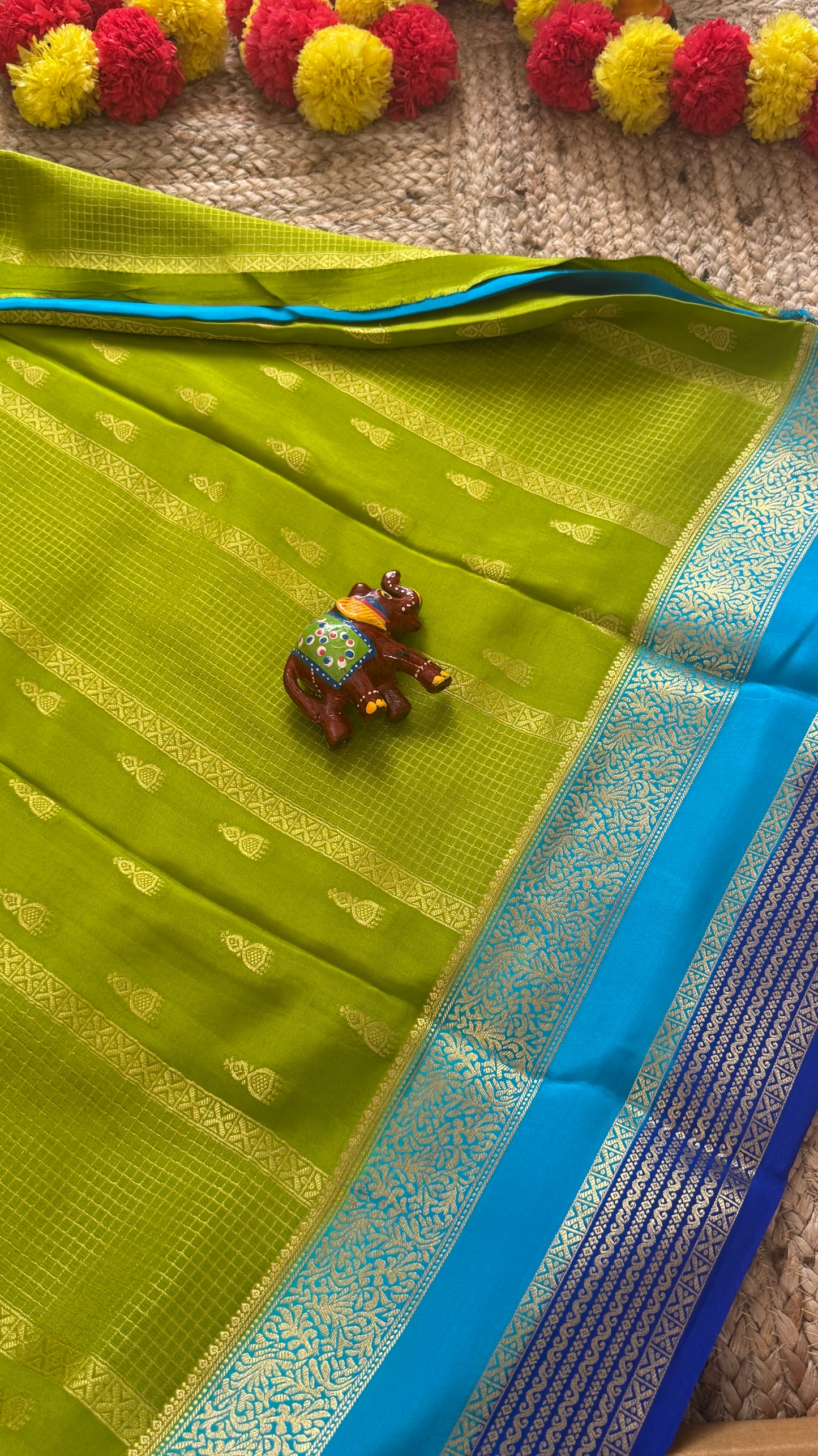 Pure Mysore Silk Saree - Jhumka Zari 3D Parrot Green Sky Blue and Navy Blue