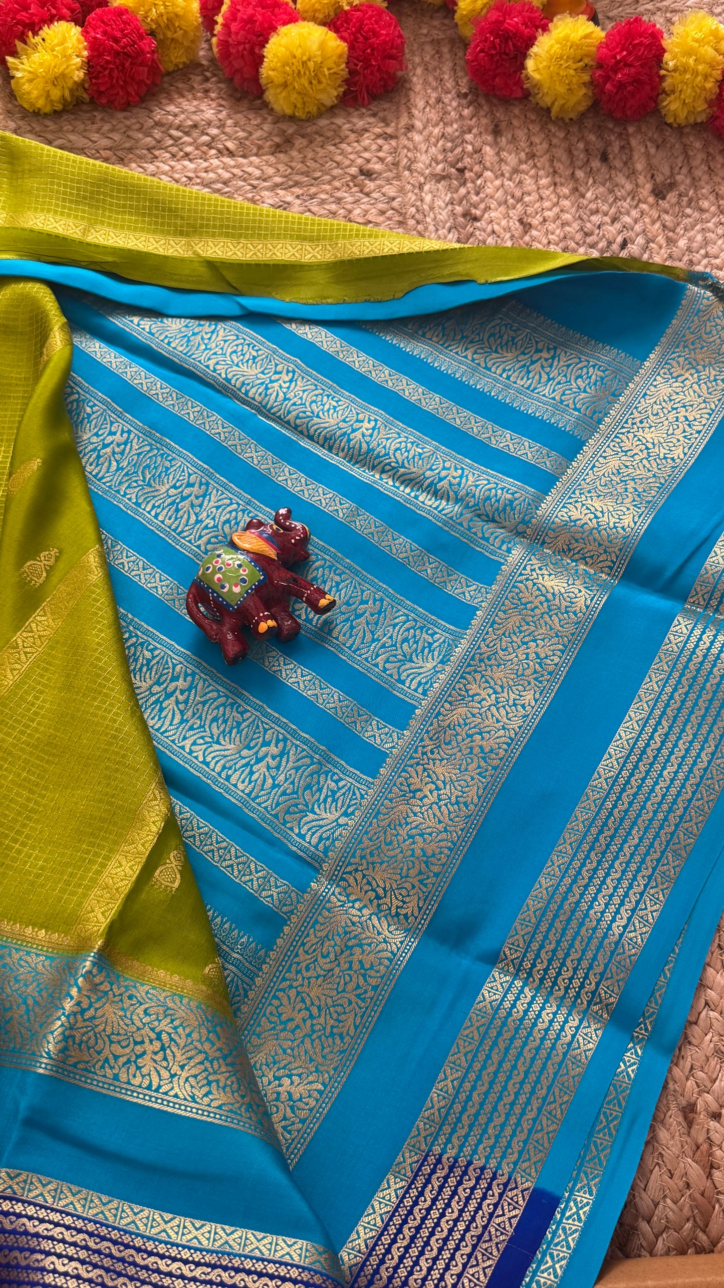 Pure Mysore Silk Saree - Jhumka Zari 3D Parrot Green Sky Blue and Navy Blue