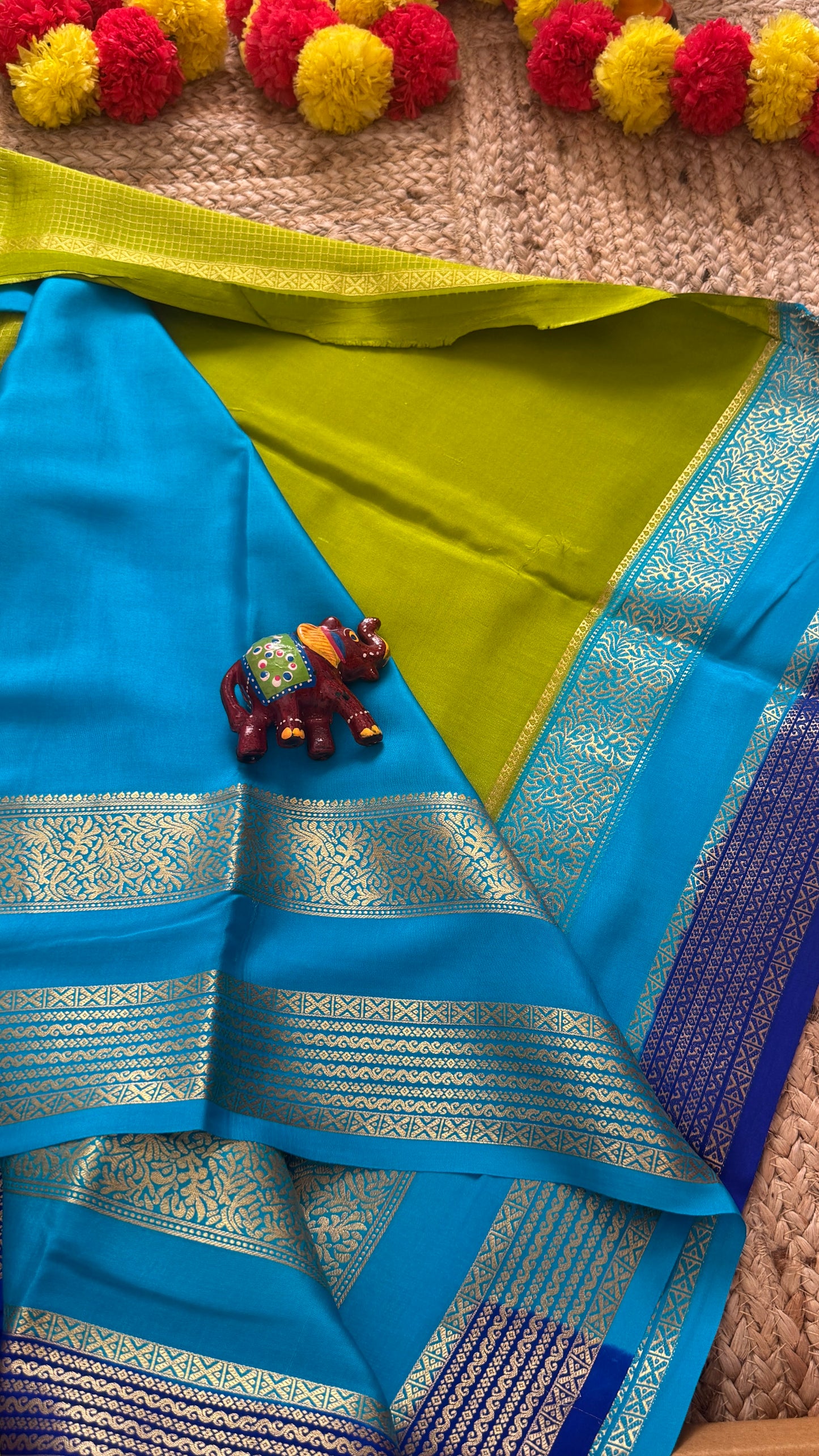 Pure Mysore Silk Saree - Jhumka Zari 3D Parrot Green Sky Blue and Navy Blue