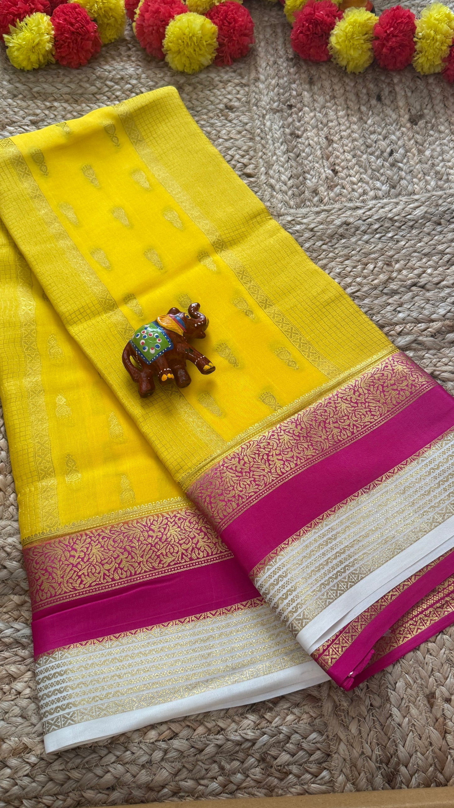 Pure Mysore Silk Saree - Jhumka Zari 3D Yellow Pink and White