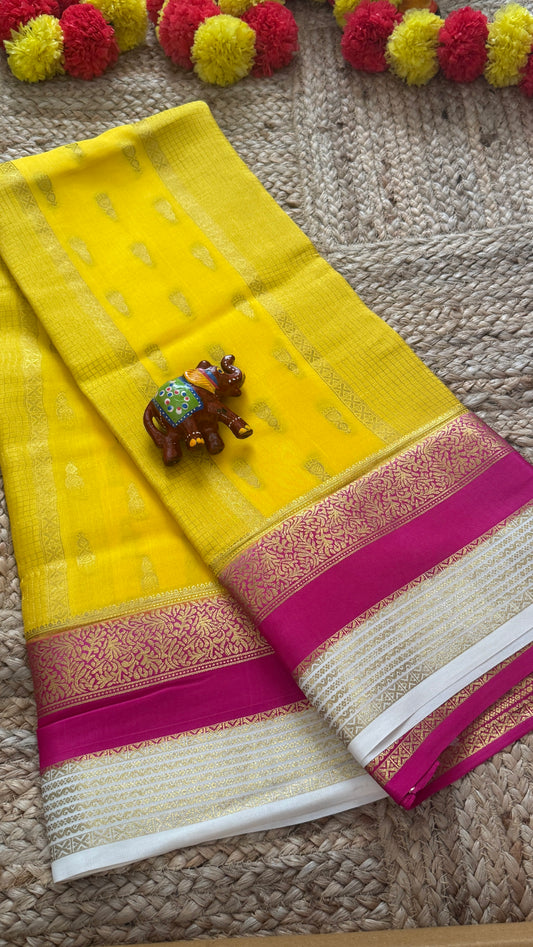 Pure Mysore Silk Saree - Jhumka Zari 3D Yellow Pink and White