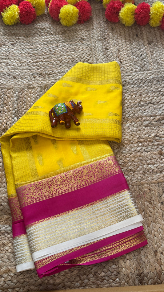 Pure Mysore Silk Saree - Jhumka Zari 3D Yellow Pink and White