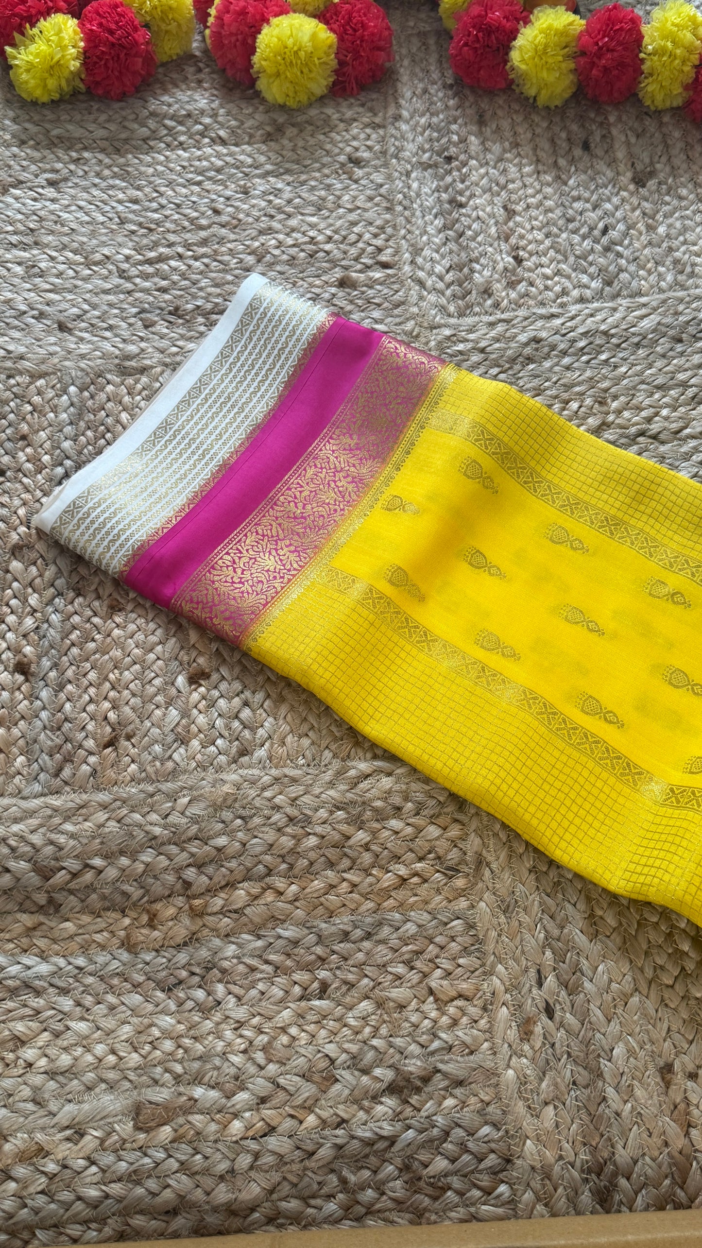 Pure Mysore Silk Saree - Jhumka Zari 3D Yellow Pink and White
