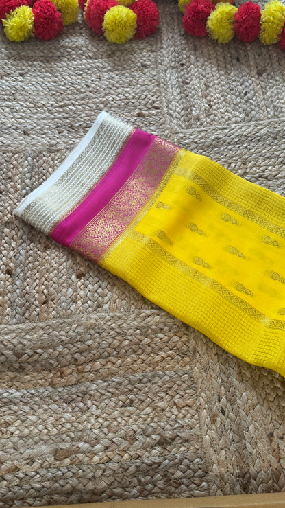 Pure Mysore Silk Saree - Jhumka Zari 3D Yellow Pink and White