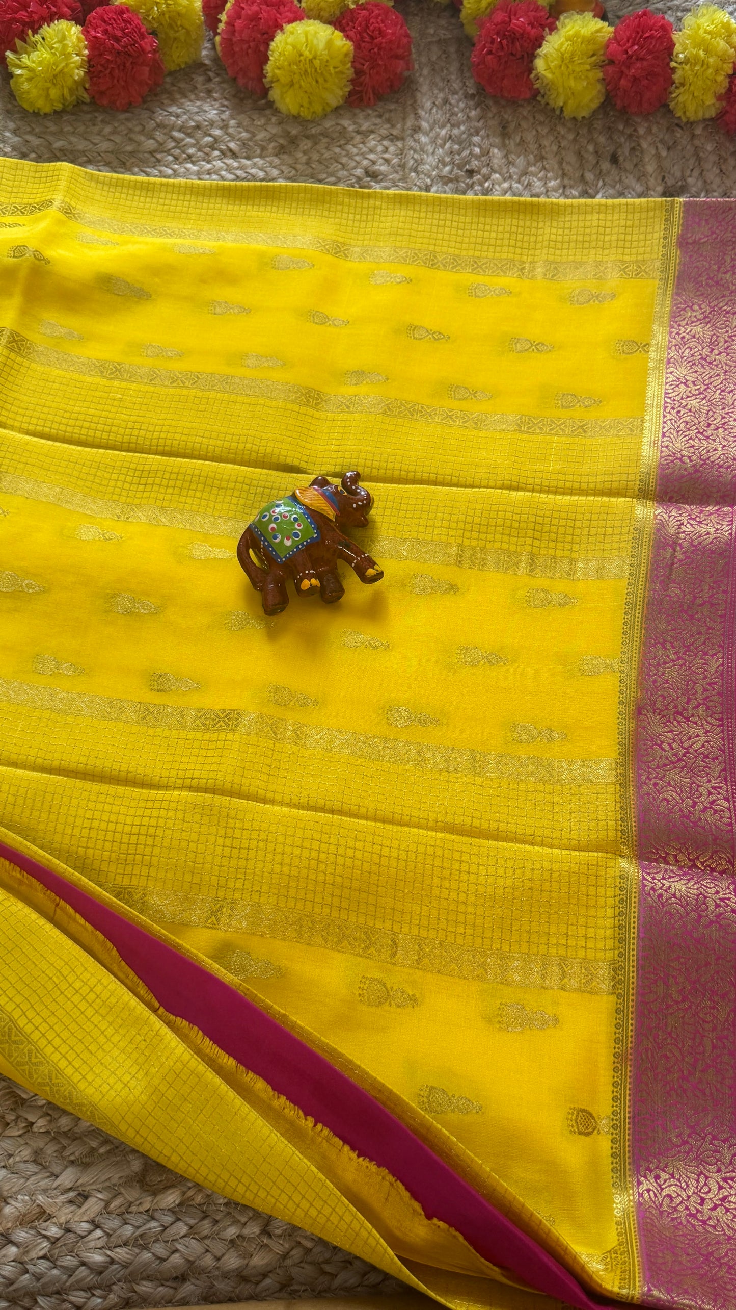Pure Mysore Silk Saree - Jhumka Zari 3D Yellow Pink and White