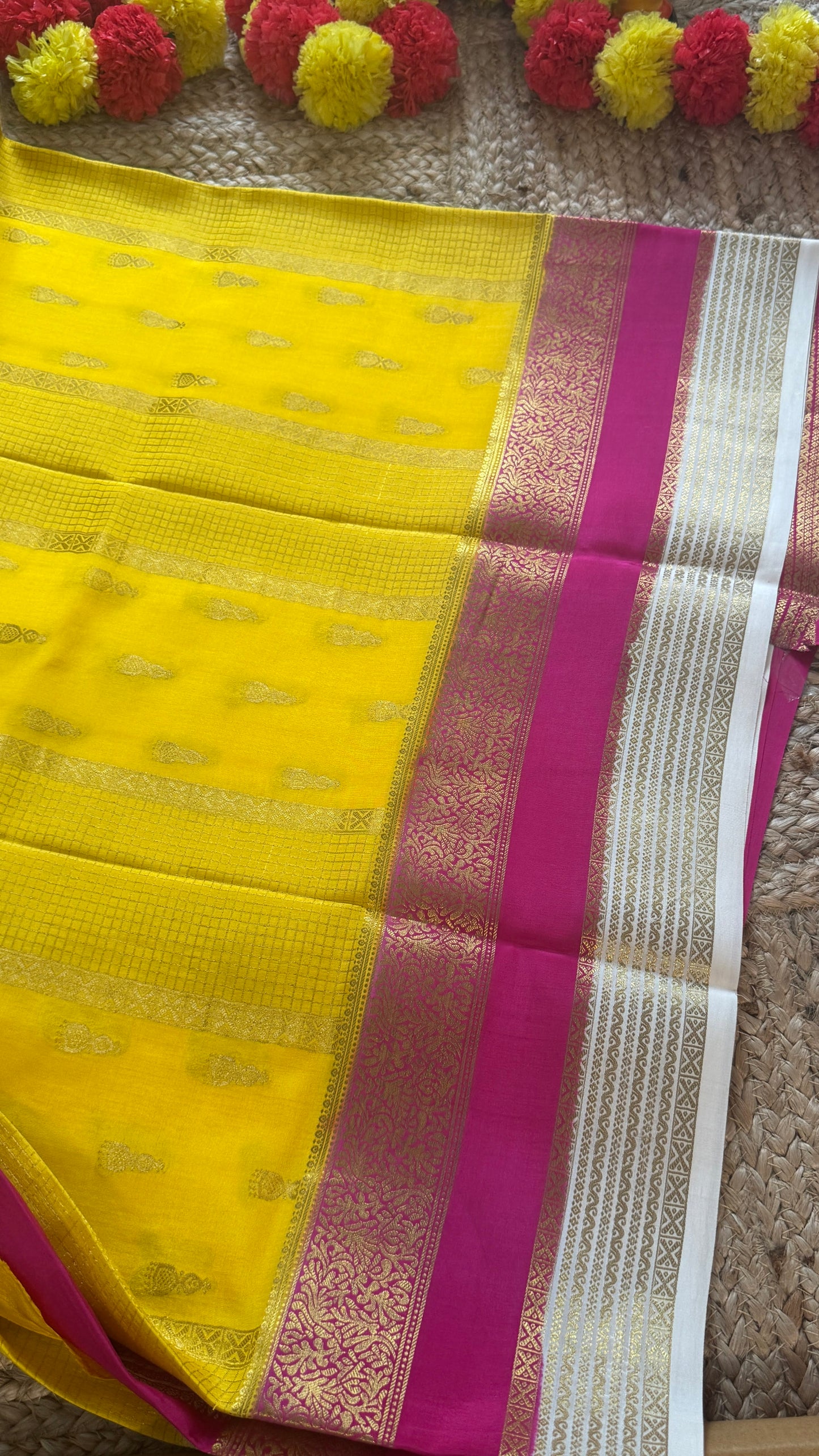 Pure Mysore Silk Saree - Jhumka Zari 3D Yellow Pink and White