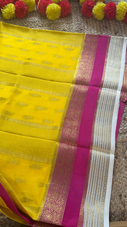 Pure Mysore Silk Saree - Jhumka Zari 3D Yellow Pink and White