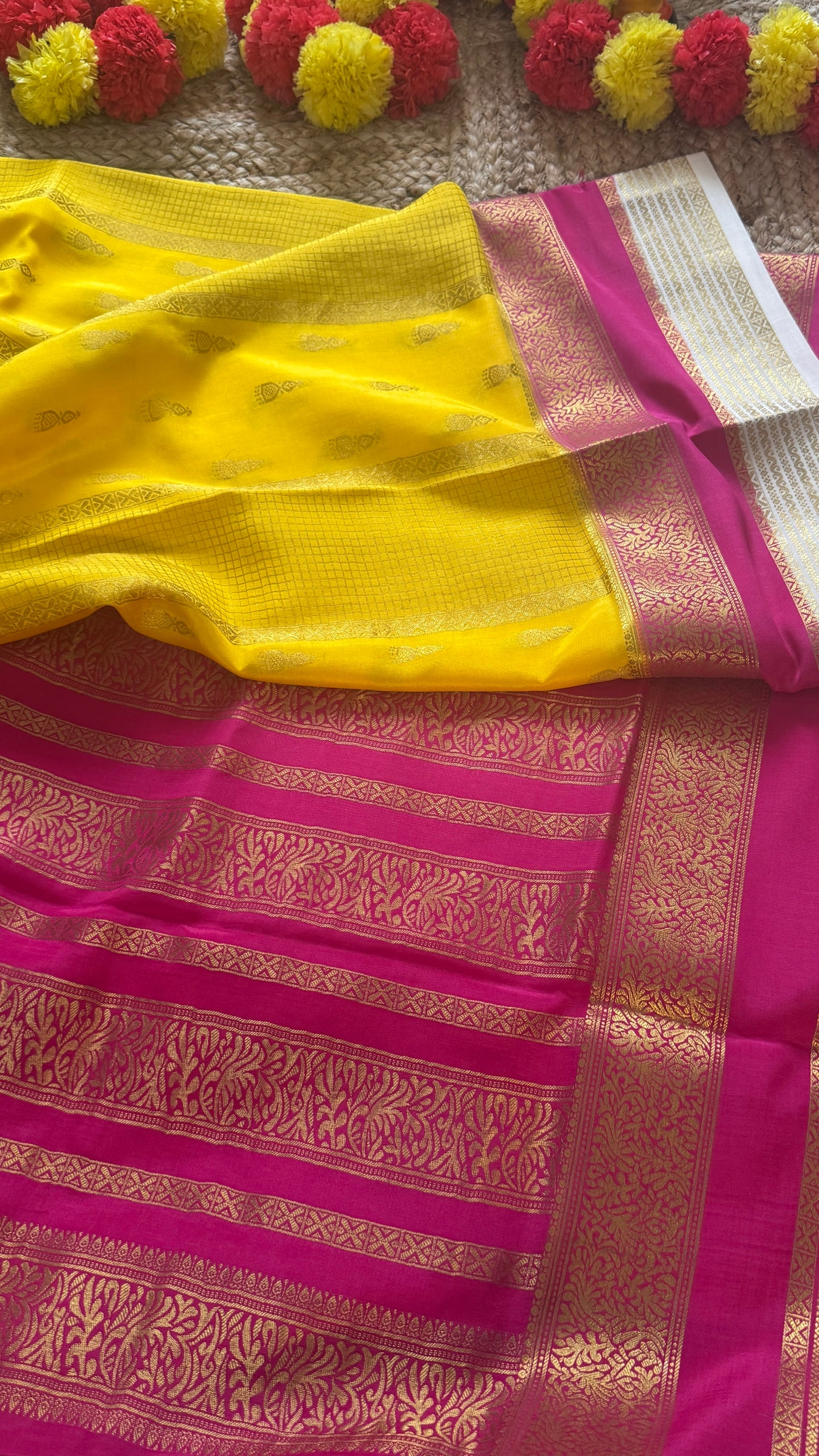 Pure Mysore Silk Saree - Jhumka Zari 3D Yellow Pink and White