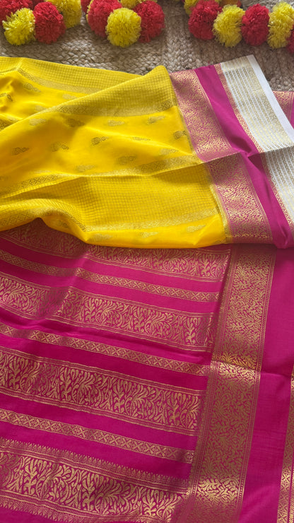 Pure Mysore Silk Saree - Jhumka Zari 3D Yellow Pink and White