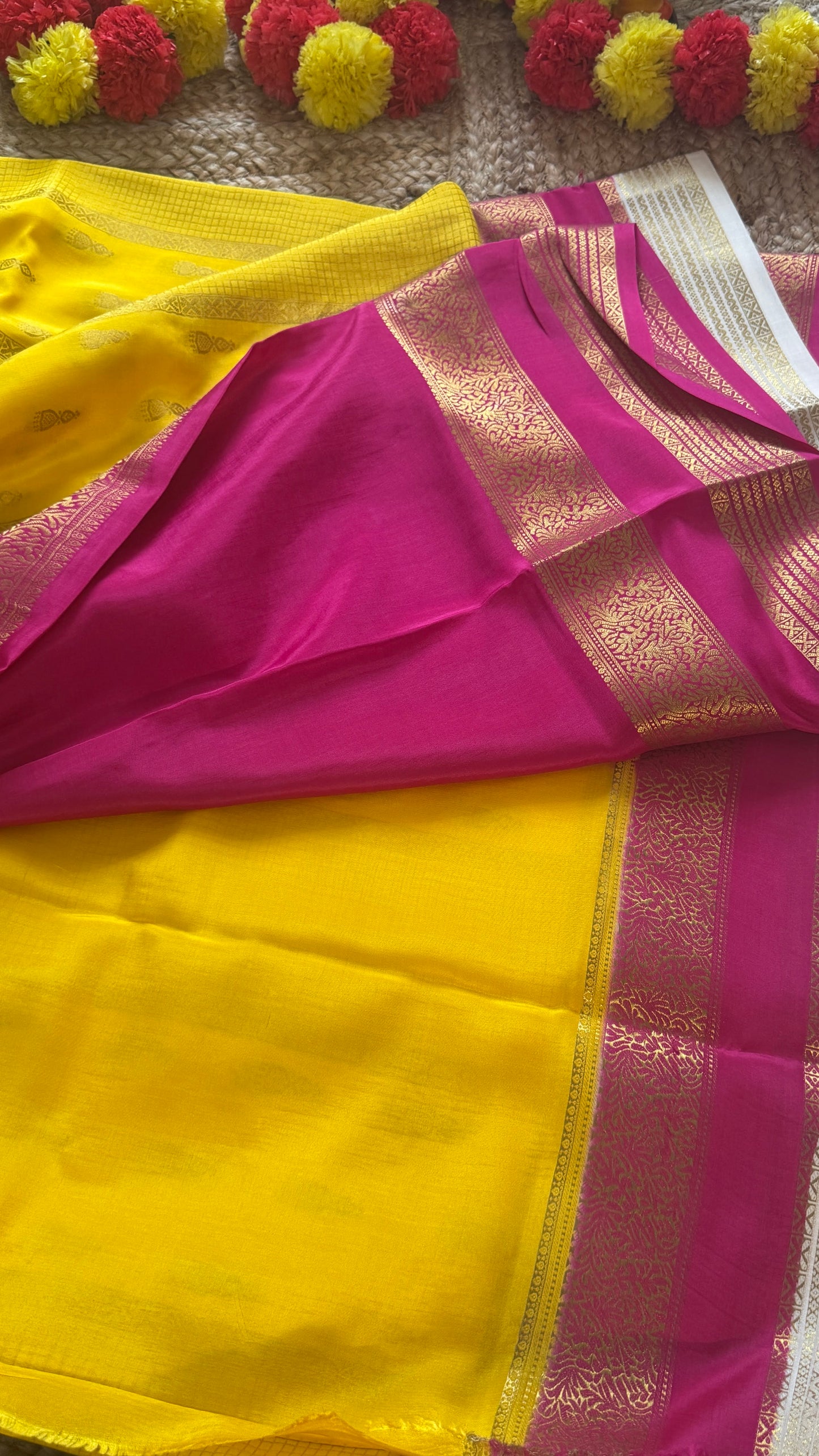 Pure Mysore Silk Saree - Jhumka Zari 3D Yellow Pink and White