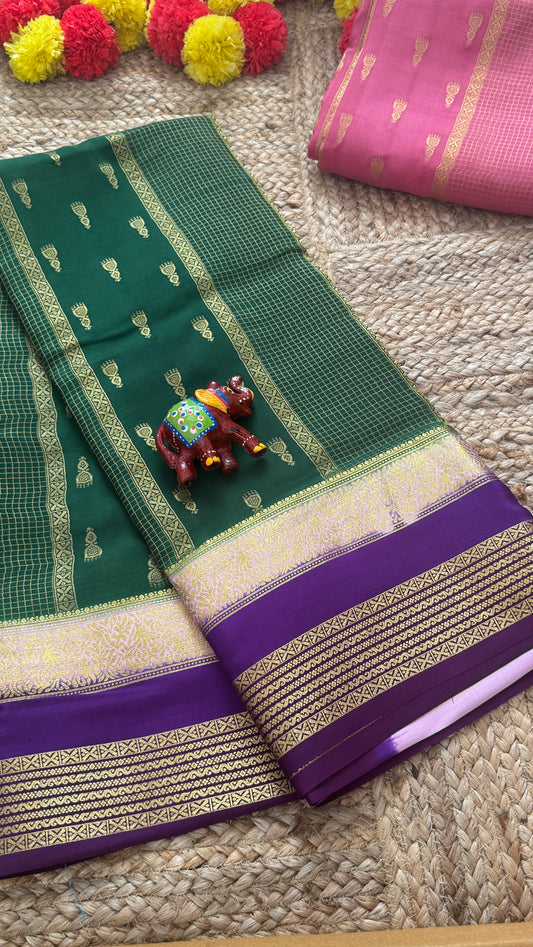 Pure Mysore Silk Saree - Jhumka Zari 3D Dark Green Pink and Purple