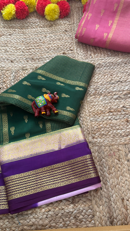Pure Mysore Silk Saree - Jhumka Zari 3D Dark Green Pink and Purple