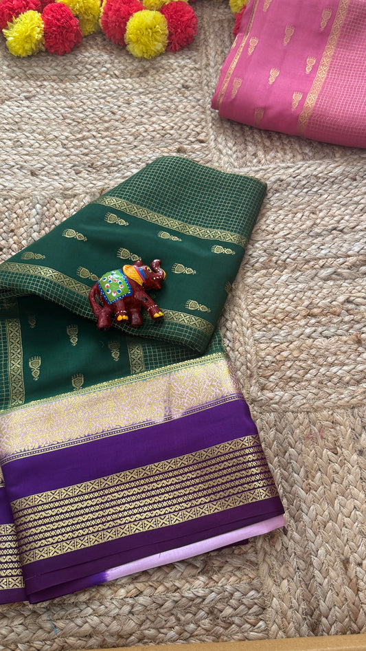 Pure Mysore Silk Saree - Jhumka Zari 3D Dark Green Pink and Purple