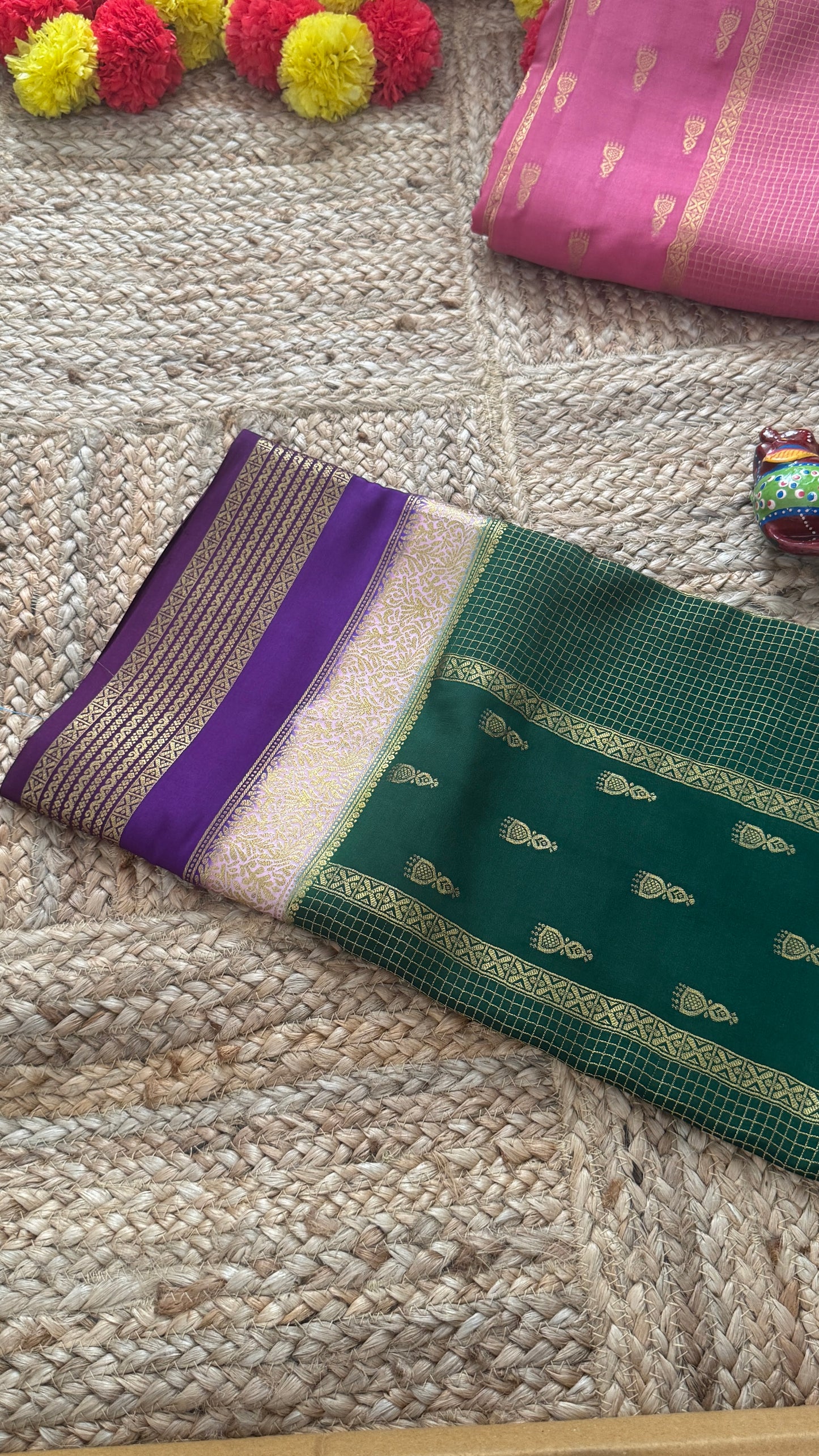 Pure Mysore Silk Saree - Jhumka Zari 3D Dark Green Pink and Purple