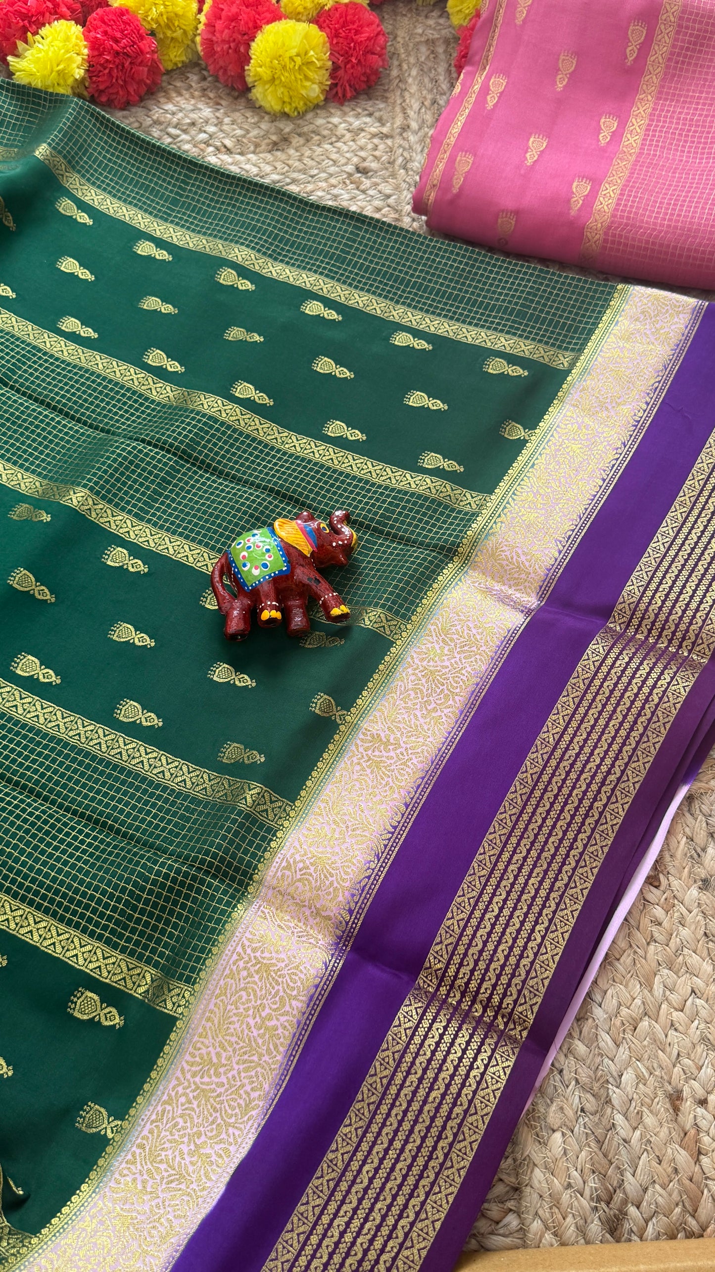 Pure Mysore Silk Saree - Jhumka Zari 3D Dark Green Pink and Purple