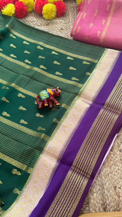 Pure Mysore Silk Saree - Jhumka Zari 3D Dark Green Pink and Purple
