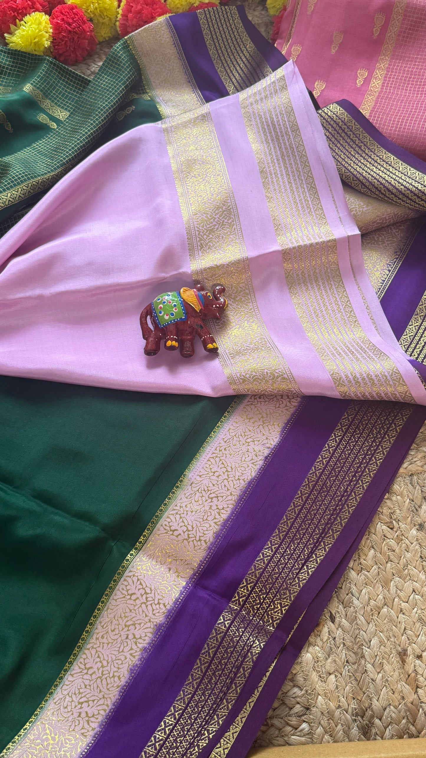 Pure Mysore Silk Saree - Jhumka Zari 3D Dark Green Pink and Purple