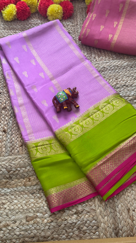 Pure Mysore Silk Saree - Jhumka Zari 3D Light Pink Green and Dark Pink