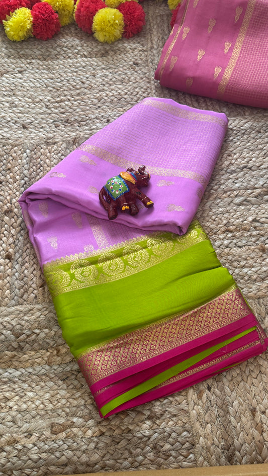 Pure Mysore Silk Saree - Jhumka Zari 3D Light Pink Green and Dark Pink