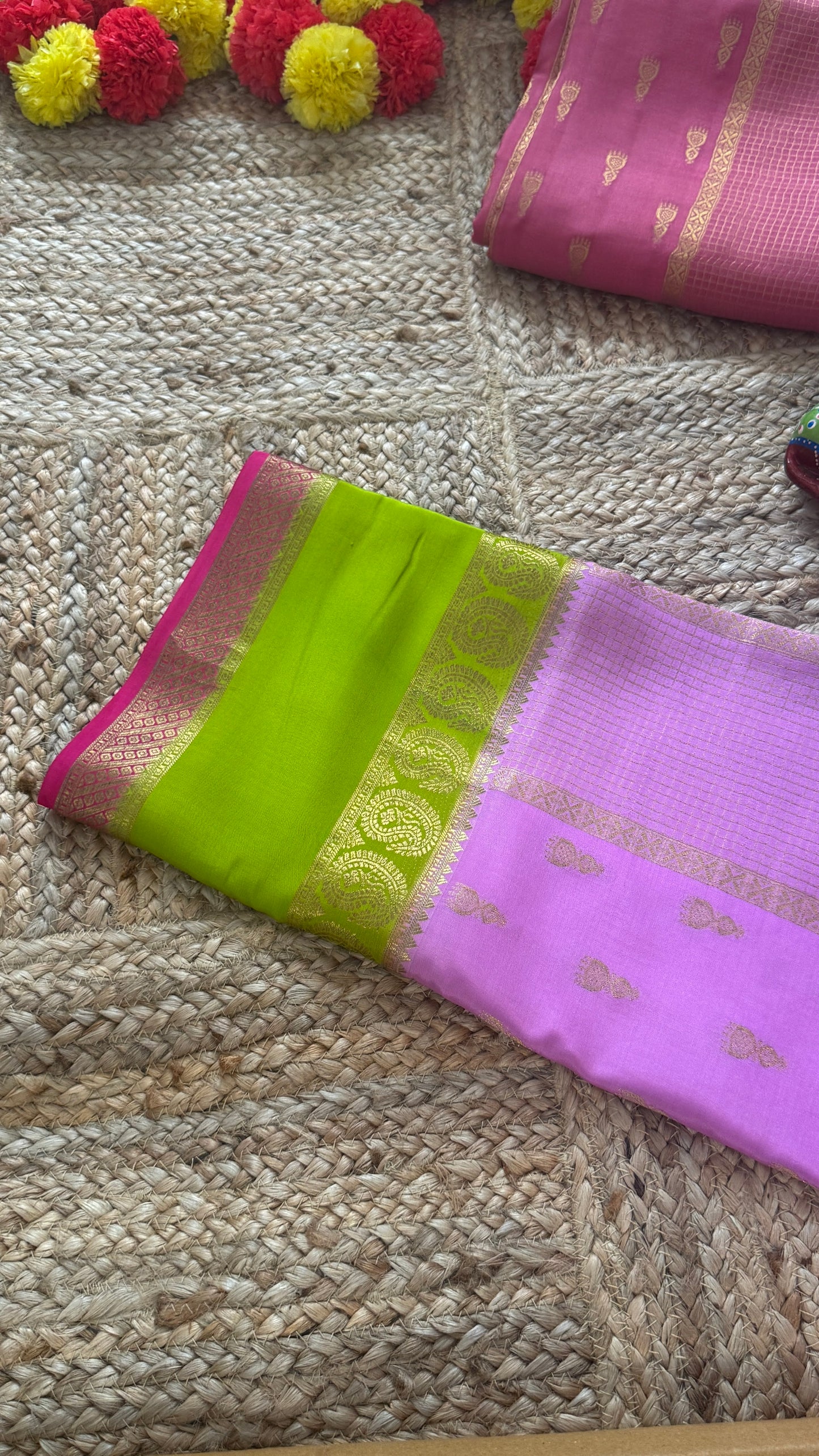 Pure Mysore Silk Saree - Jhumka Zari 3D Light Pink Green and Dark Pink