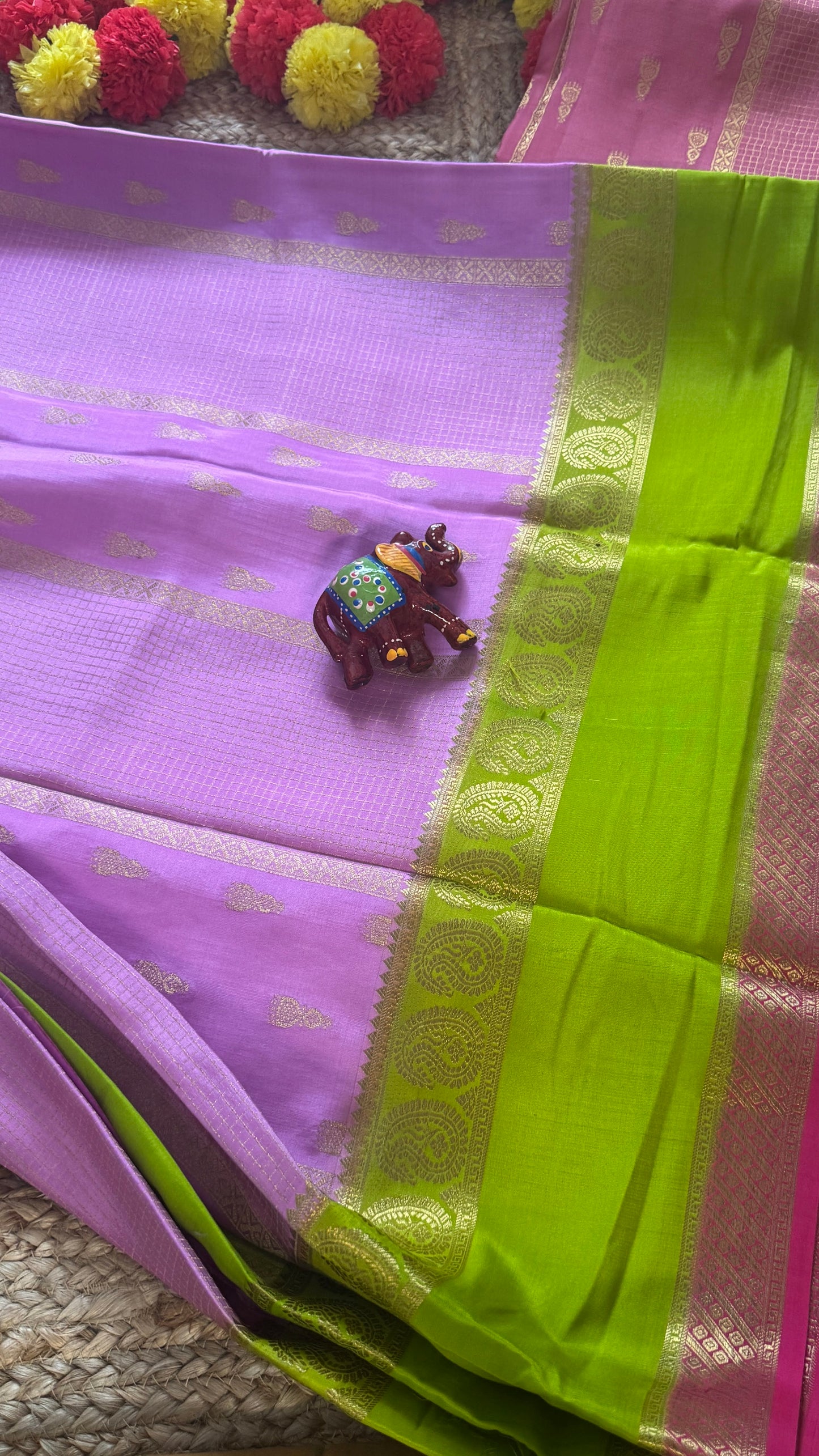 Pure Mysore Silk Saree - Jhumka Zari 3D Light Pink Green and Dark Pink