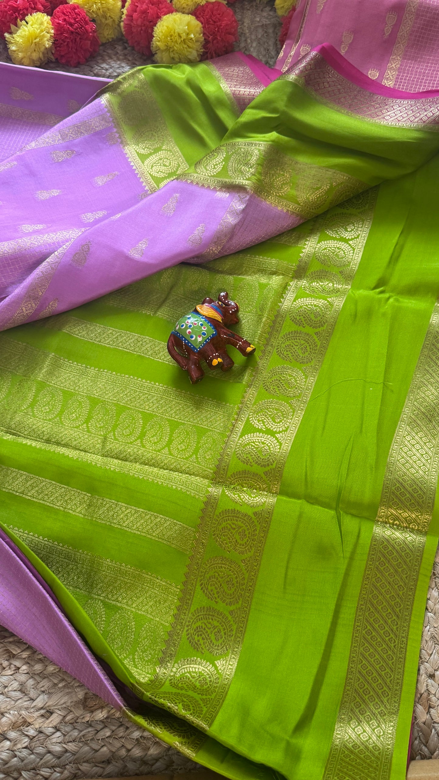Pure Mysore Silk Saree - Jhumka Zari 3D Light Pink Green and Dark Pink