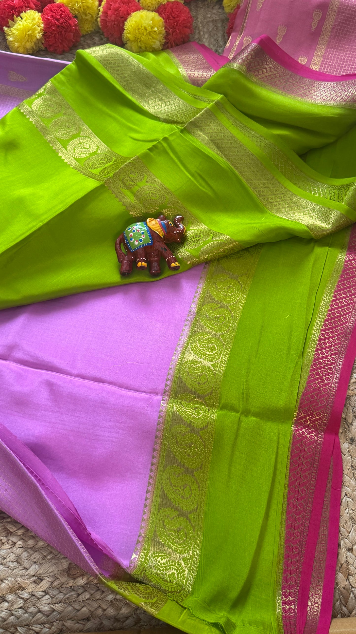 Pure Mysore Silk Saree - Jhumka Zari 3D Light Pink Green and Dark Pink