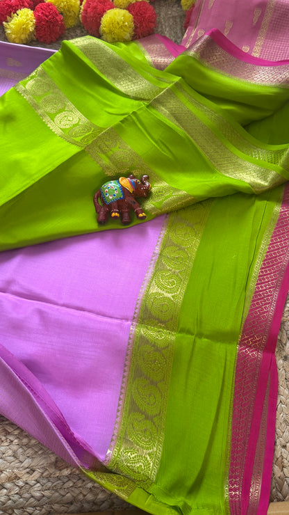 Pure Mysore Silk Saree - Jhumka Zari 3D Light Pink Green and Dark Pink