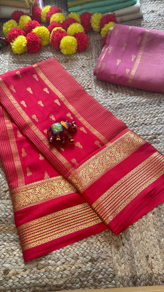 Pure Mysore Silk Saree - Jhumka Zari Solid Red