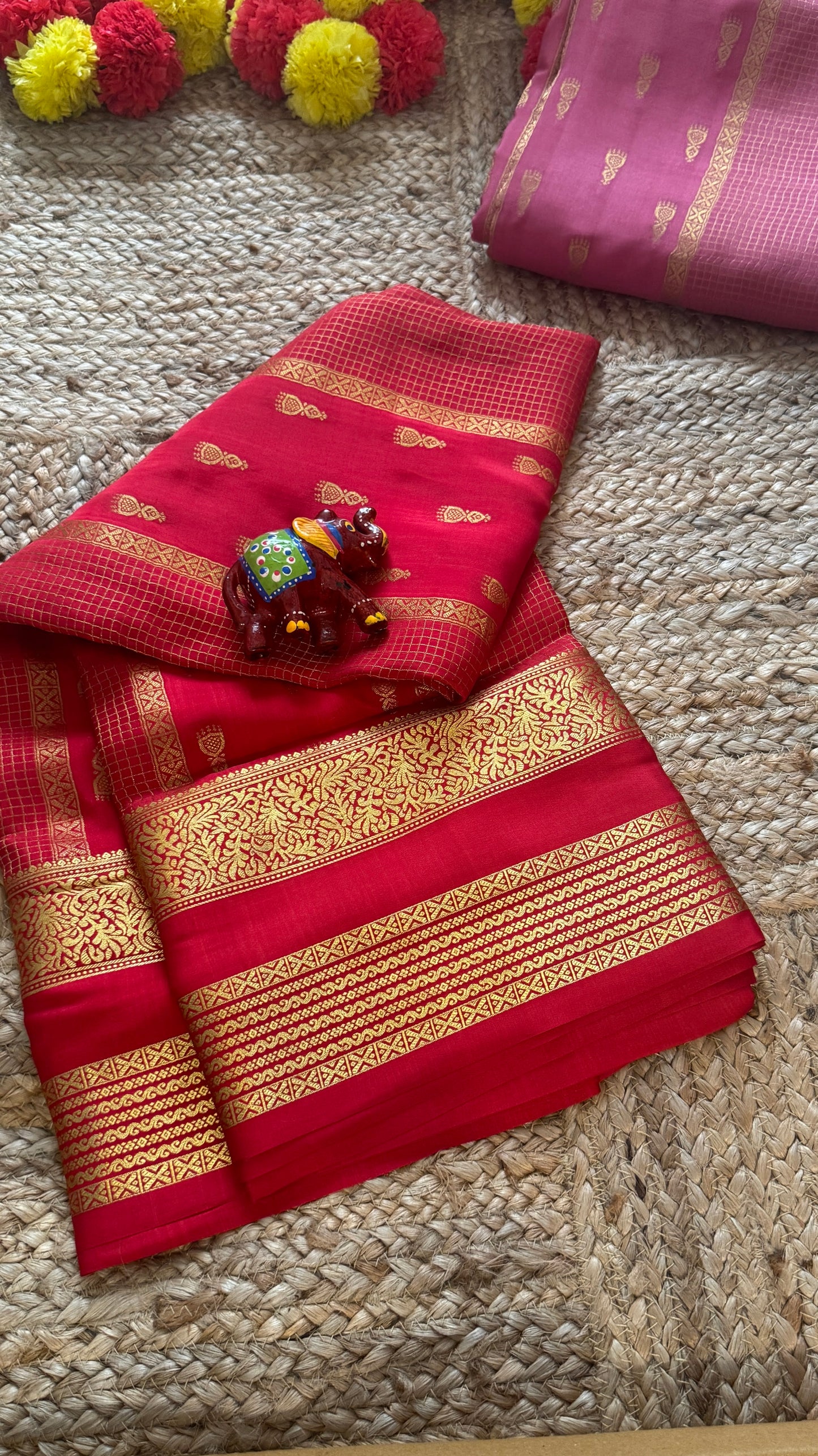 Pure Mysore Silk Saree - Jhumka Zari Solid Red