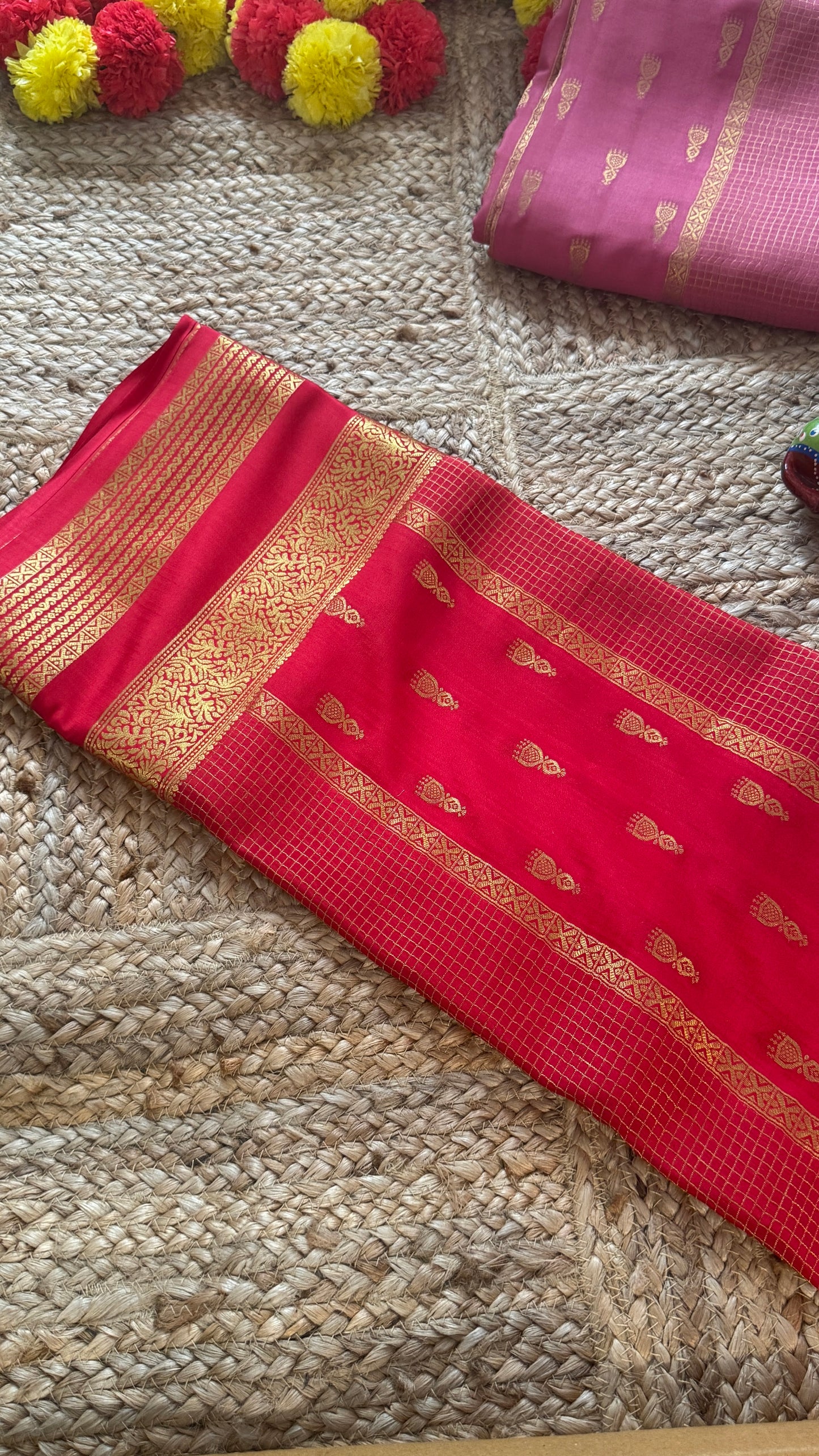 Pure Mysore Silk Saree - Jhumka Zari Solid Red