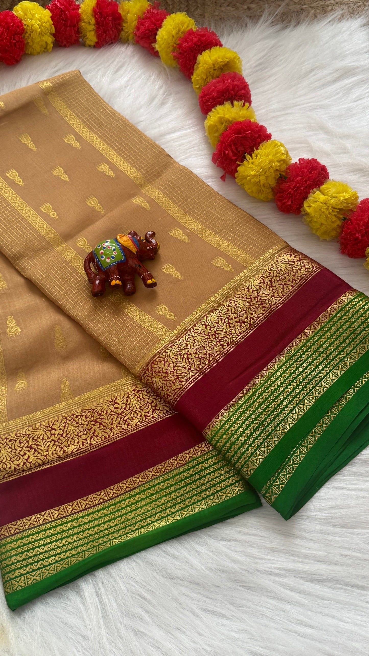 Pure Mysore Silk Saree - Jhumka Zari 3D Beige Maroon and Green