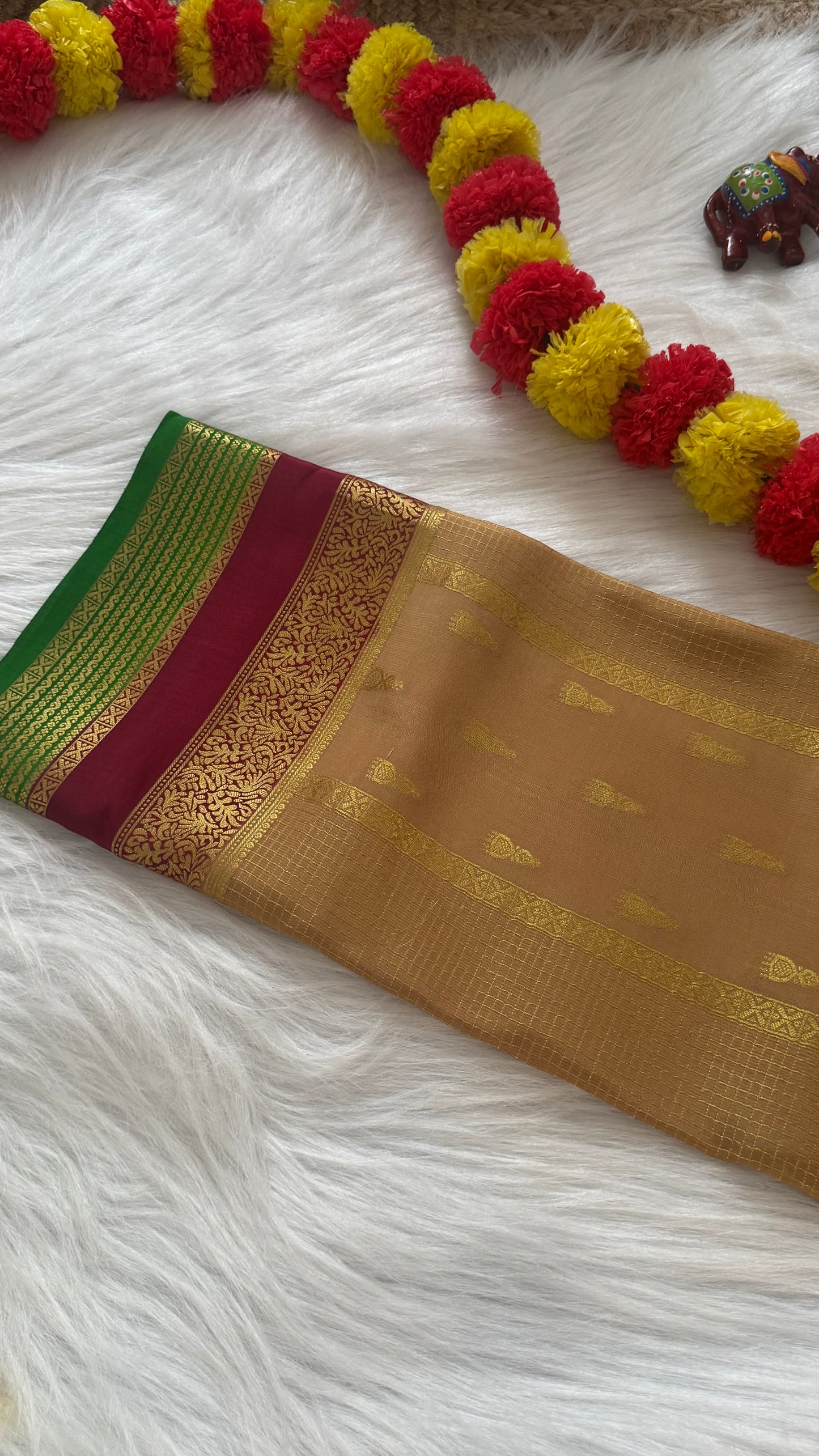 Pure Mysore Silk Saree - Jhumka Zari 3D Beige Maroon and Green