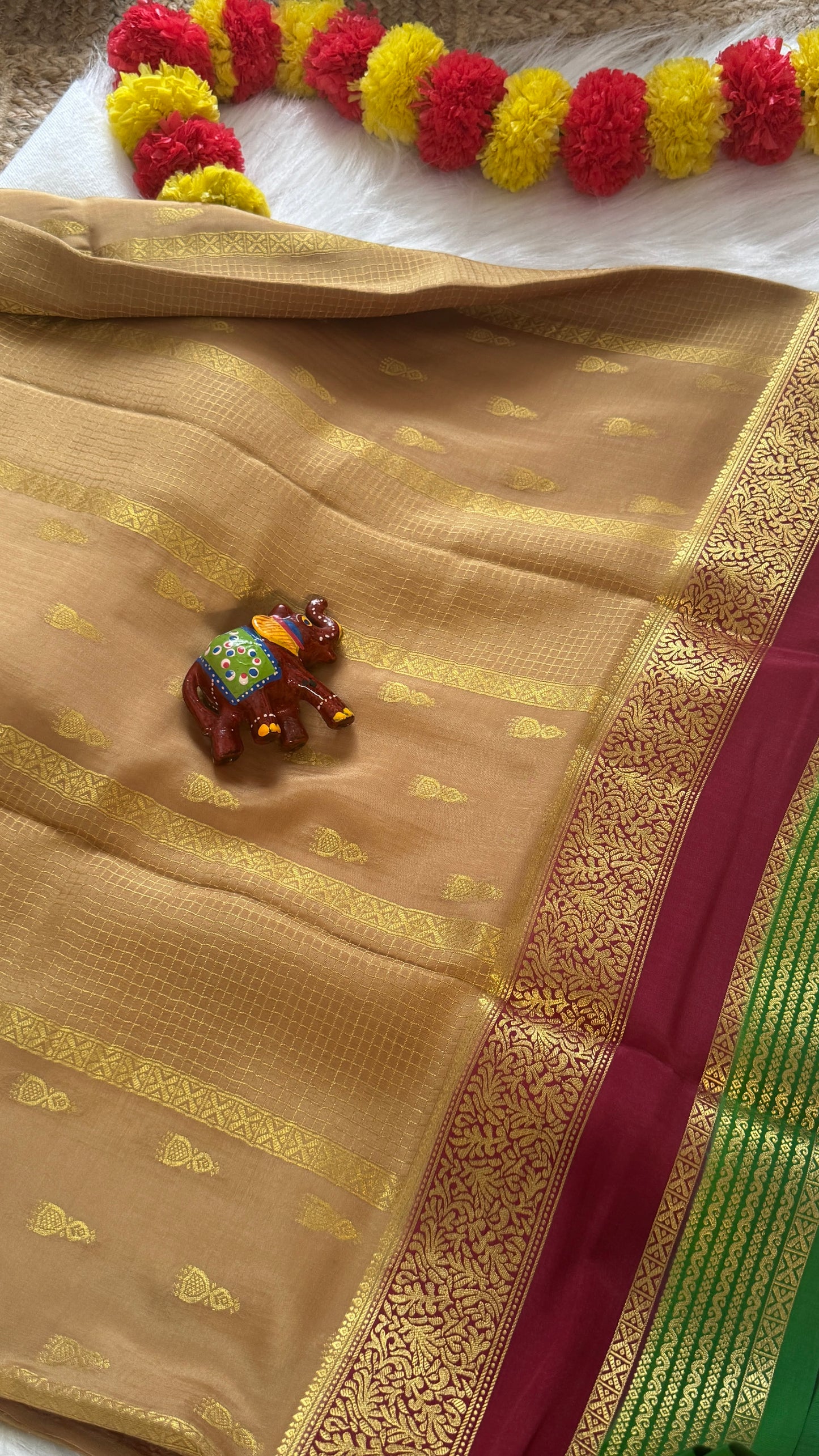 Pure Mysore Silk Saree - Jhumka Zari 3D Beige Maroon and Green