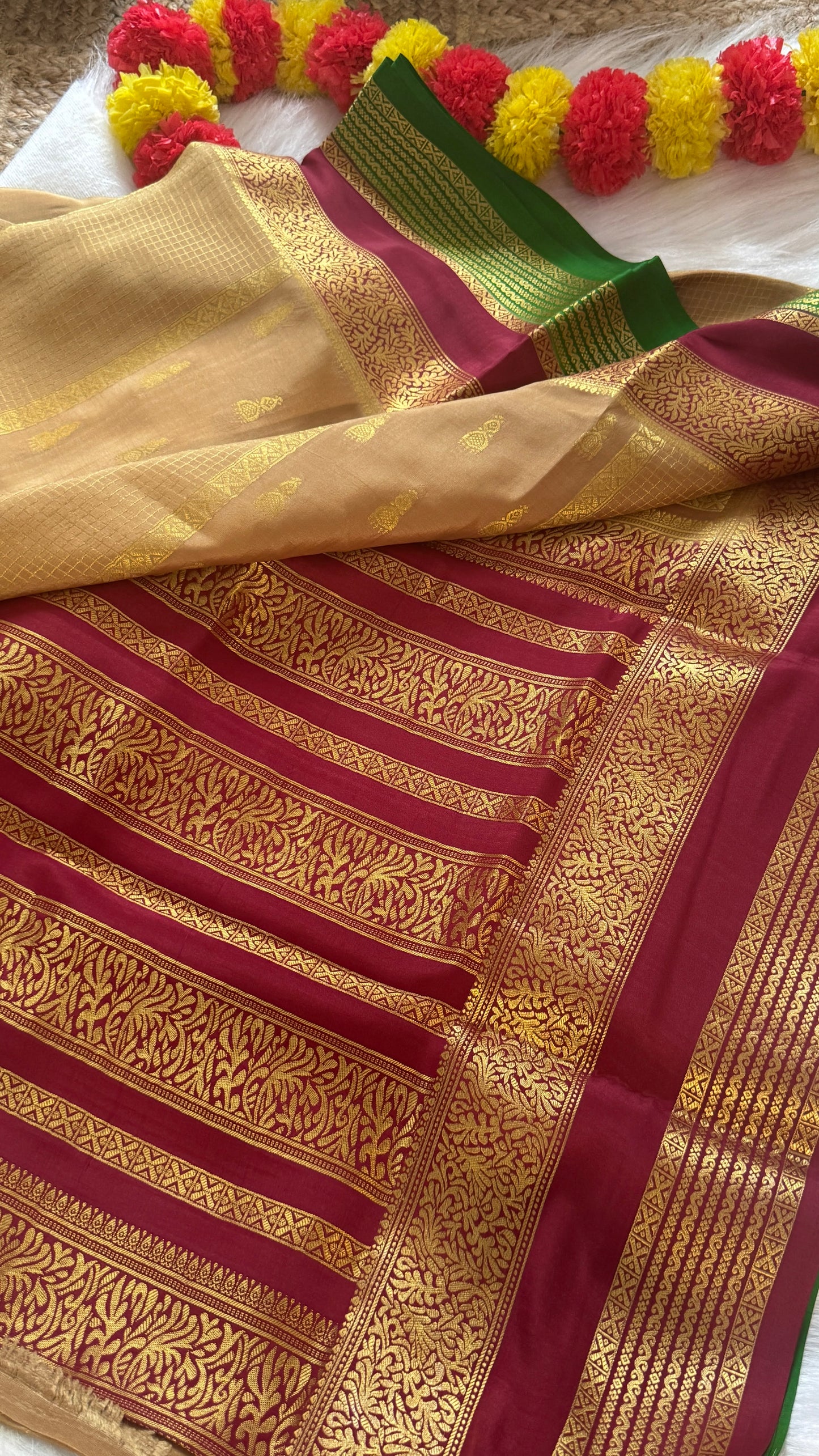 Pure Mysore Silk Saree - Jhumka Zari 3D Beige Maroon and Green