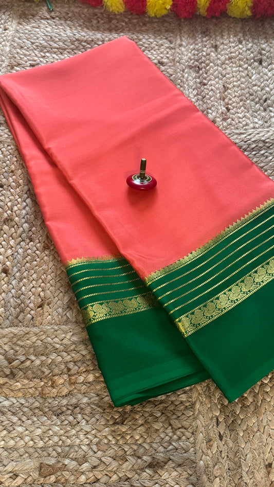 Mysore Silk Saree - Dark Peach and Green Peacock Boarder