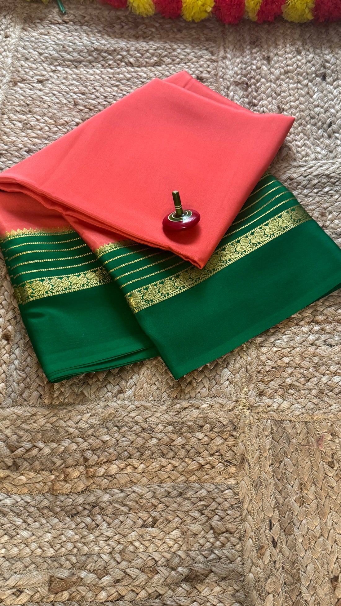 Mysore Silk Saree - Dark Peach and Green Peacock Border