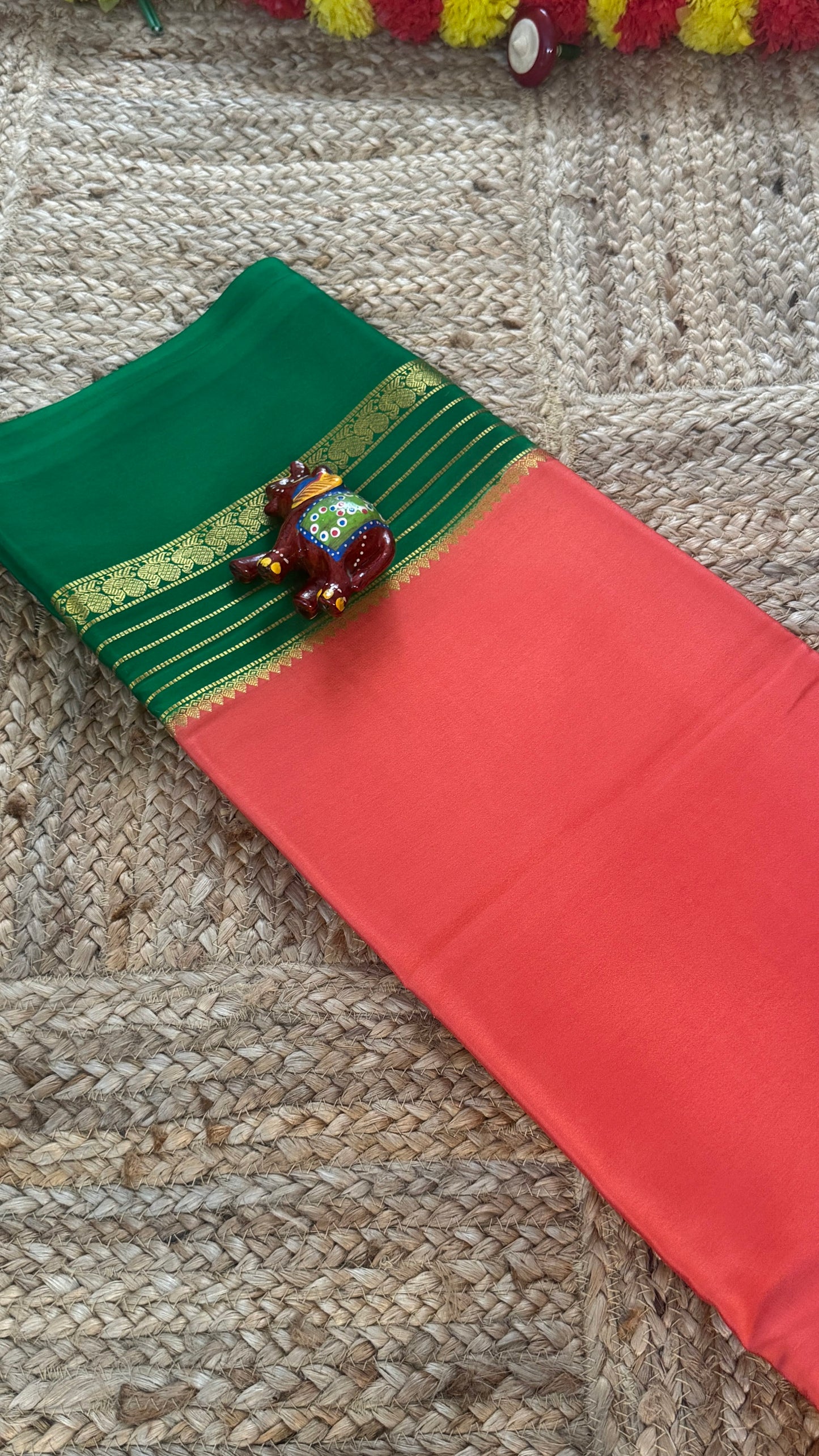 Mysore Silk Saree - Dark Peach and Green Peacock Boarder