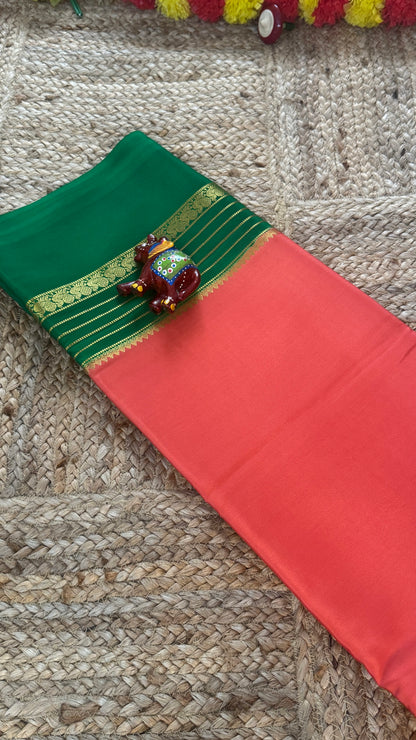 Mysore Silk Saree - Dark Peach and Green Peacock Boarder