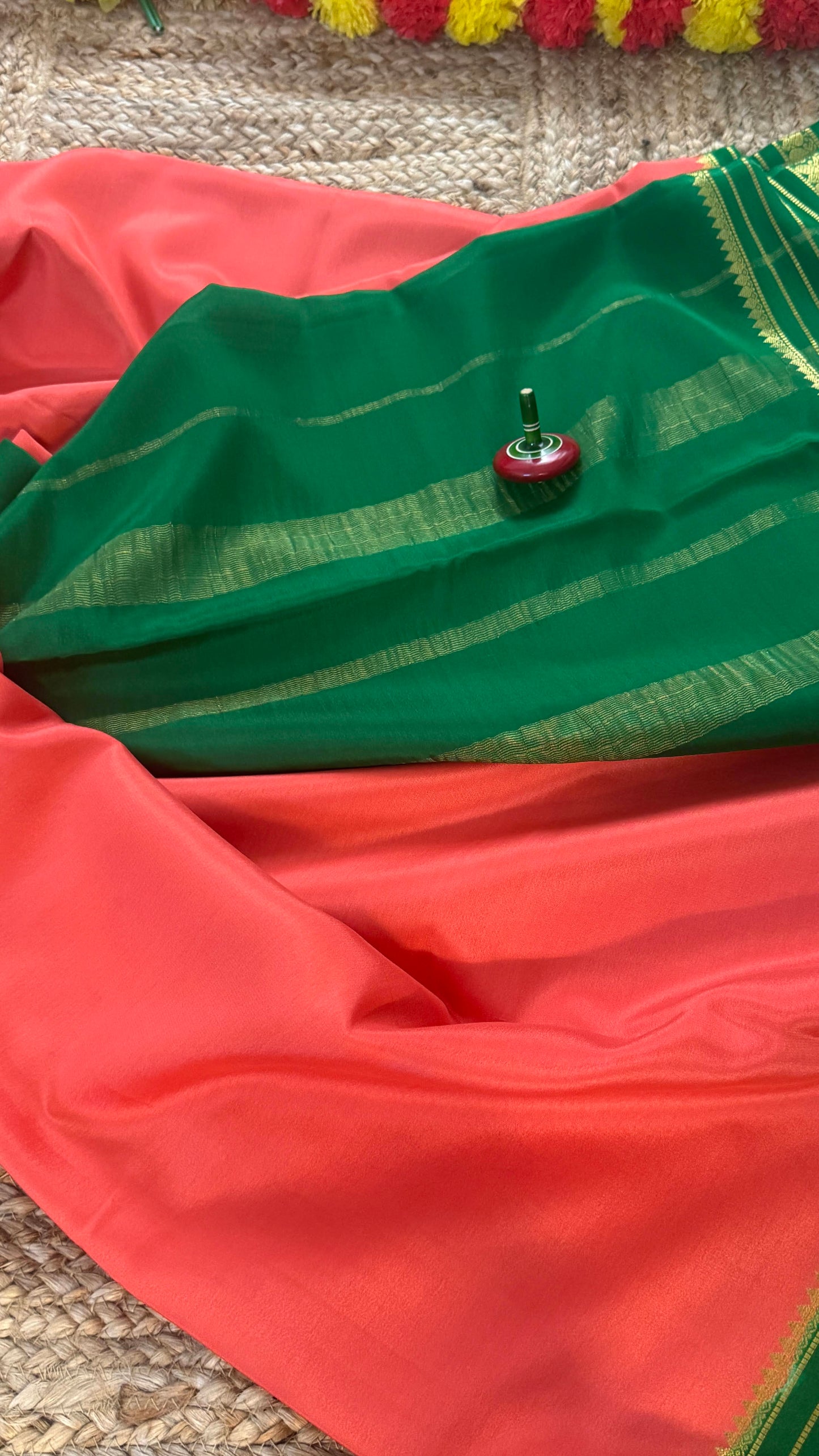Mysore Silk Saree - Dark Peach and Green Peacock Boarder
