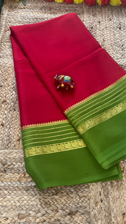 Mysore Silk Saree - Dark Pink and Light Green Peacock Boarder