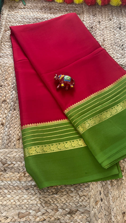 Mysore Silk Saree - Dark Pink and Light Green Peacock Boarder