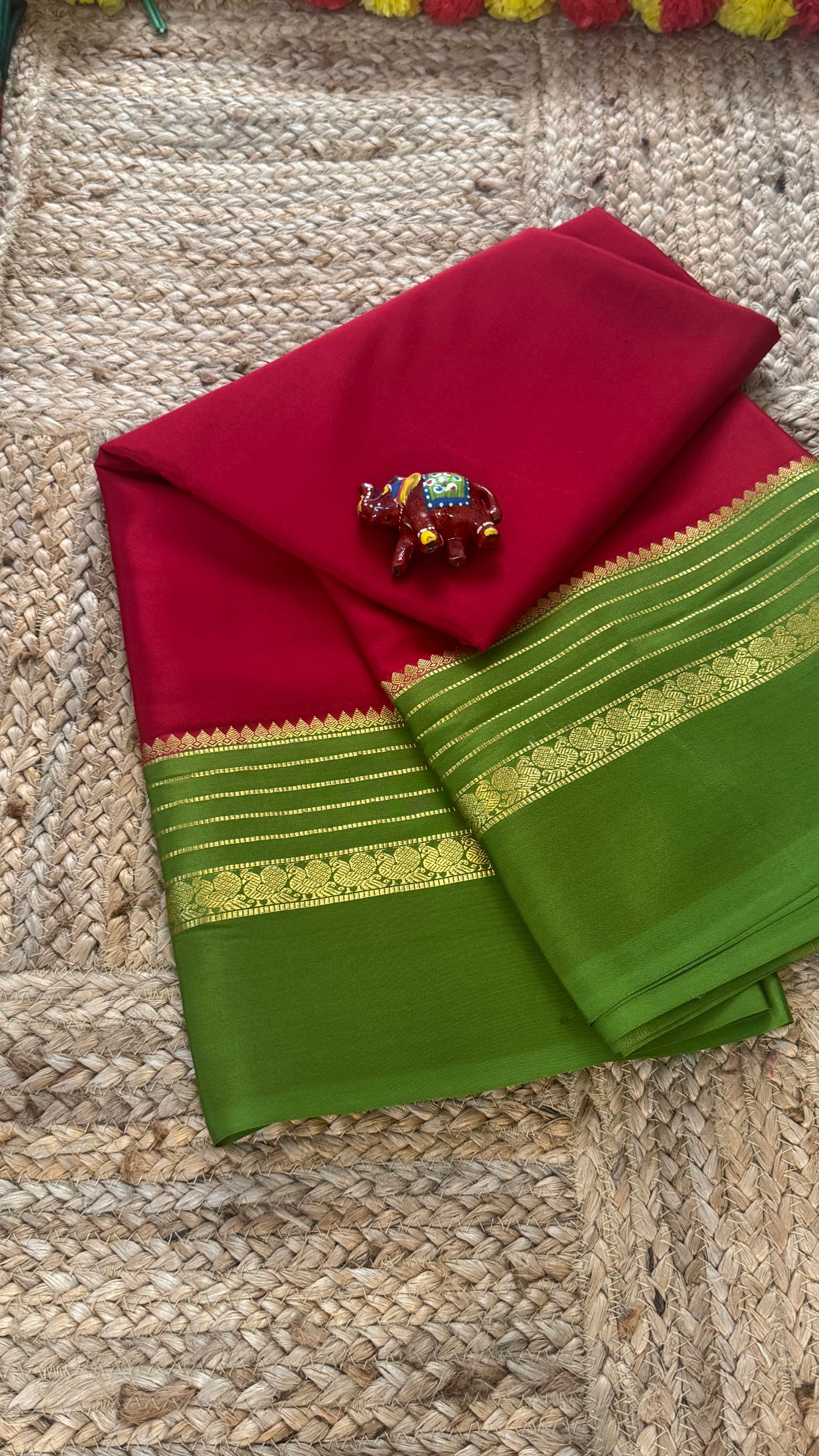 Mysore Silk Saree - Dark Pink and Light Green Peacock Boarder