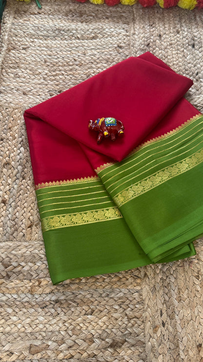 Mysore Silk Saree - Dark Pink and Light Green Peacock Boarder
