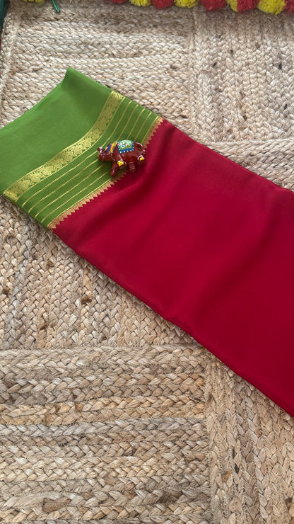 Mysore Silk Saree - Dark Pink and Light Green Peacock Boarder
